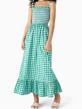 Kate Spade Gingham Smocked Bodice Maxi Dress Green White XSmall